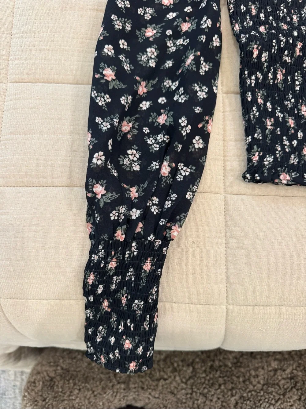 NWT Reformation Smocked Floral Long-Sleeve Top - Black